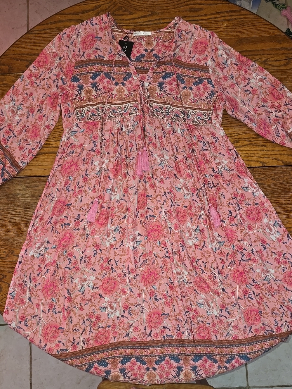 Women's Pink Floral Long Sleeve Boho Dress